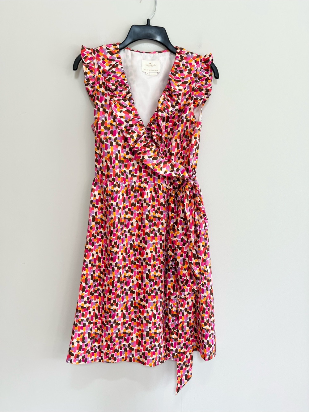 Kate Spade NY Silk Abstract Ruffle V-Neck Sleeveless Fit & Flare Wrap Dress, 4